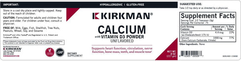 Kirkman Calcium with Vitamin D3 Powder, 8 oz, Essential Minerals for Strong Bones, Unflavored
