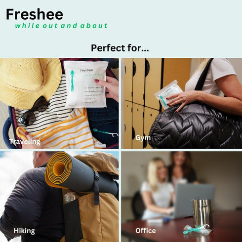 Freshee 5 in 1 Disposable Mini Toothbrush with Toothpaste, Floss, Pick, Tongue Scraper, Travel Size, Mint