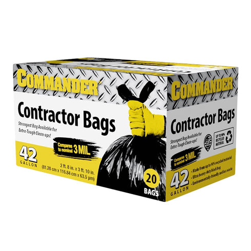Commander 42 Gallon 2.5 MIL Black Heavy Duty Garbage Trash Bags - Pack of 20, 32" x 46" for Contractor, Industrial