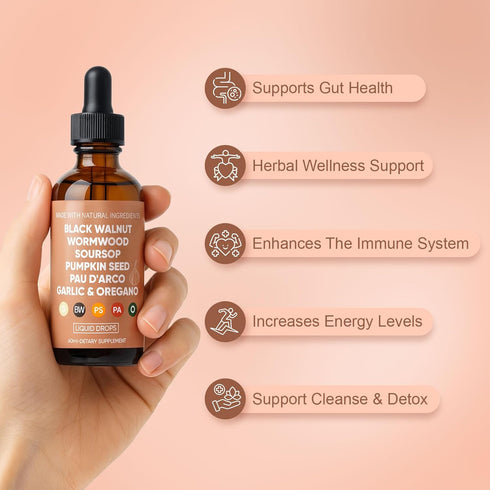 WOVOEO 60ml(1) Black Walnut Wormwood & Clove Drops with Soursop,Garlic,Pumpkin Seed,PAU D'Arco,Oil of Oregano