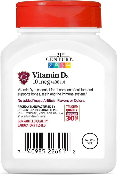 D3 400 IU Tablets by 21st Century, 100 Count