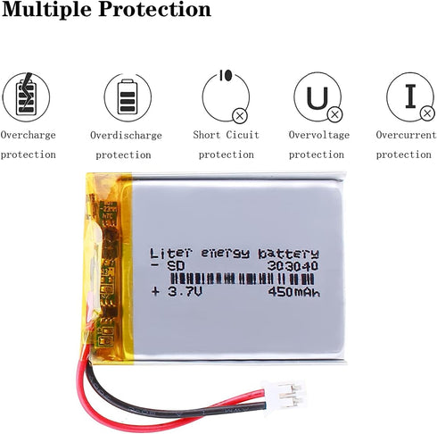 3.7V 450mAh Lipo Battery Rechargeable Lithium Polymer 303040 with JST Connector