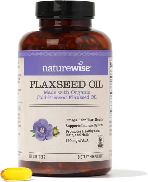 NatureWise Flaxseed Oil 1200mg Softgels, 720mg ALA, Omega 3 6 9, Organic, Non-GMO, 120 Softgels