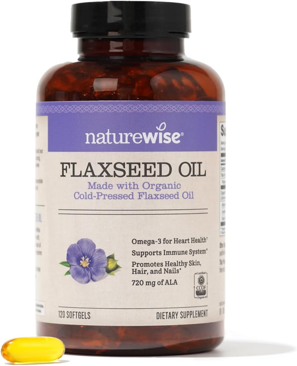 NatureWise Flaxseed Oil 1200mg Softgels, 720mg ALA, Omega 3 6 9, Organic, Non-GMO, 120 Softgels
