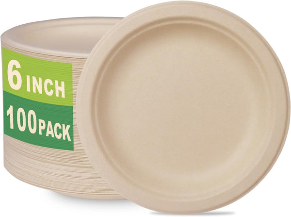 100 Count 6“ Small Compostable Dessert Plates, Heavy-duty Unbleached Biodegradable Bagasse and Bamboo Fiber