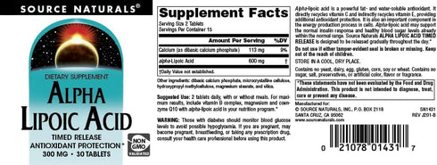 Source Naturals Alpha Lipoic Acid 300 mg, Supports Healthy Sugar Metabolism & Energy, 30 Time Release Tablets