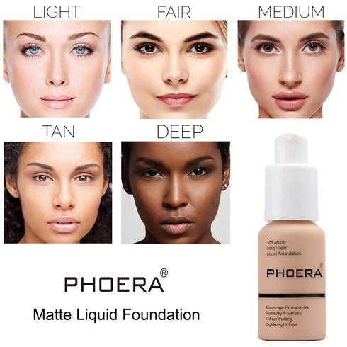 PHOERA Matte Liquid Foundation Full Coverage with Kabuki Makeup Brushes, 101 Porcelain + 102 Nude