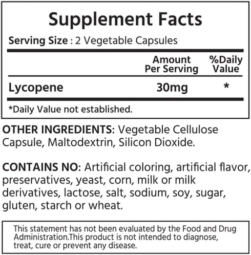 Natural Lycopene 30 mg 120 Vegetable Capsules. All-Natural from Tomatoes. Non-GMO. Antioxidant Supplement.