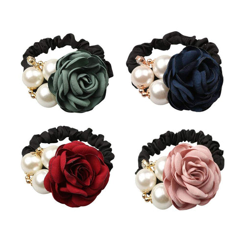 LOVEF 4Pcs Korean Fashion Pearl Hair Rope, Rose Flower Rhinestone Hair Ties