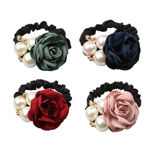 LOVEF 4Pcs Korean Fashion Pearl Hair Rope, Rose Flower Rhinestone Hair Ties