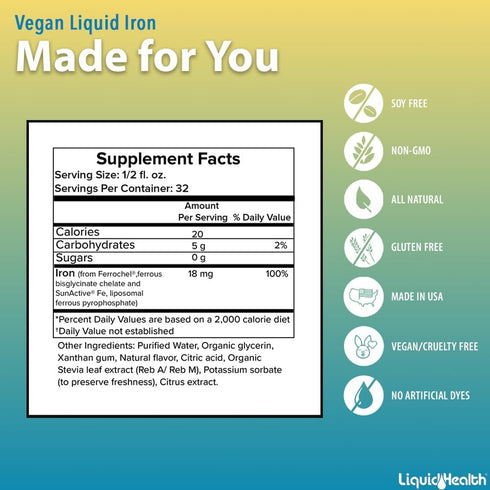 LIQUIDHEALTH Vegan Liquid Iron Supplement with SunActive & Ferrochel Iron, Natural Energy & Immune Support, 16 oz
