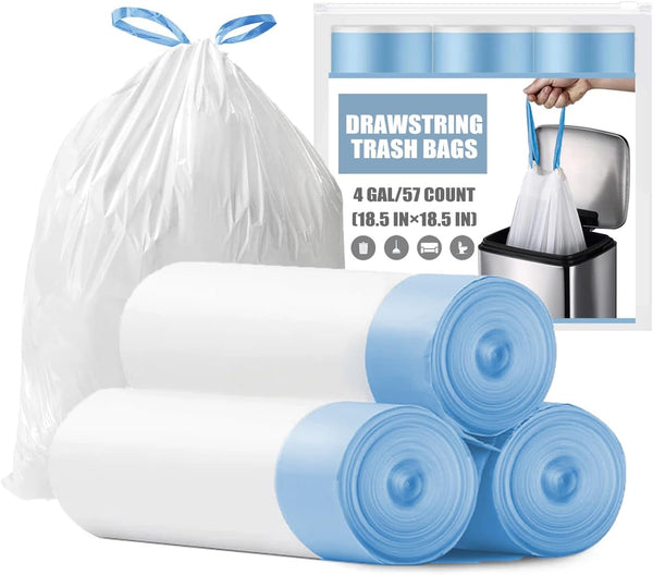 57 Count Small Trash Bags, 4 Gallon Tear-Free Unscented White Drawstring Garbage Bags for Bathroom