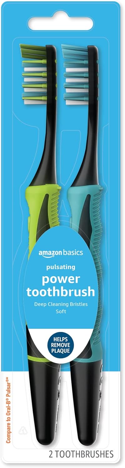 Amazon Basics Pulsating Deep Cleaning Toothbrushes - Soft Bristles, 2 Count, Assorted Colors