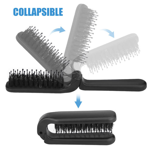 2Pcs Travel Folding Hair Brush, Portable Pocket Boar Bristle Hair Brush for Thin Thick Hair, Black