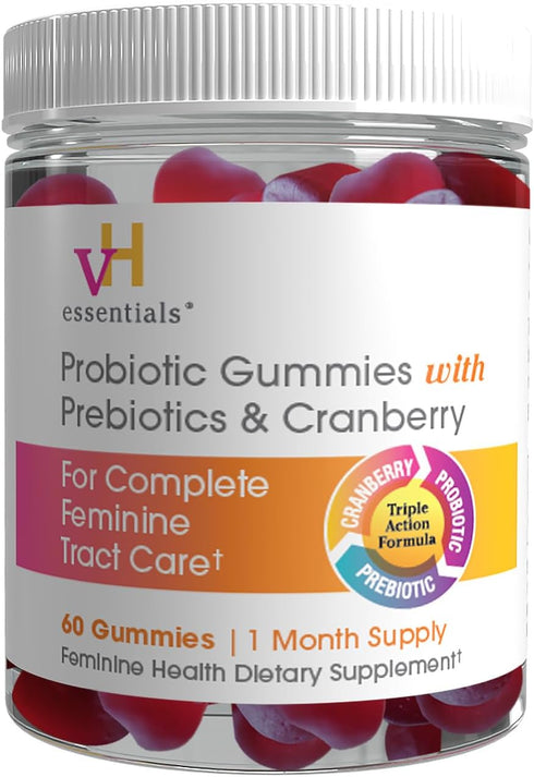 vH essentials Probiotic Gummies, 60 Count with Prebiotics & Cranberry for Urinary Tract Health and Vaginal Microflora