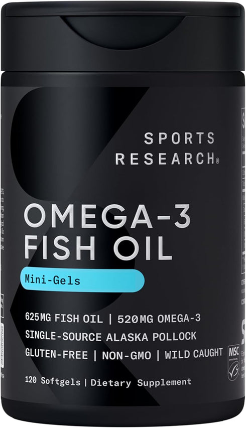 Sports Research Fish Oil Mini-Softgels - Easy to Swallow Omega-3 from Wild Caught Alaska Pollock, 120 Capsules