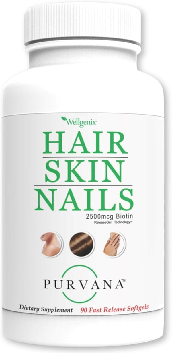 Wellgenix Purvana Hair, Skin, and Nails, One a Day Softgel, 2500mcg Biotin, 90 Count, Anti Aging & Hair Growth