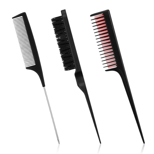 Patelai 3 Pieces Hair Styling Set - Fluffy Brush, Rat Tail Comb, Triple Teasing Comb for Back Combing (Black)