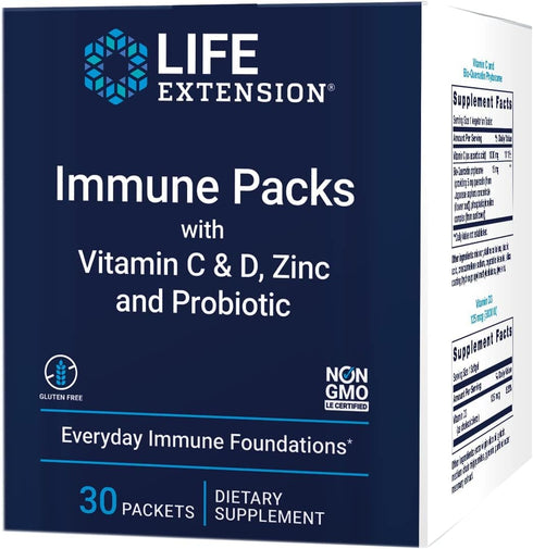 Life Extension Immune Packs - Vitamin C & D, Zinc, Probiotic - 30 Packs