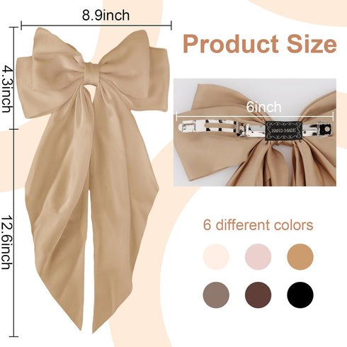 Canitor 6PCS Hair Bows for Women | Silky Satin Hair Ribbon with Barrettes Clip | Trendy Gifts for Teen Girls