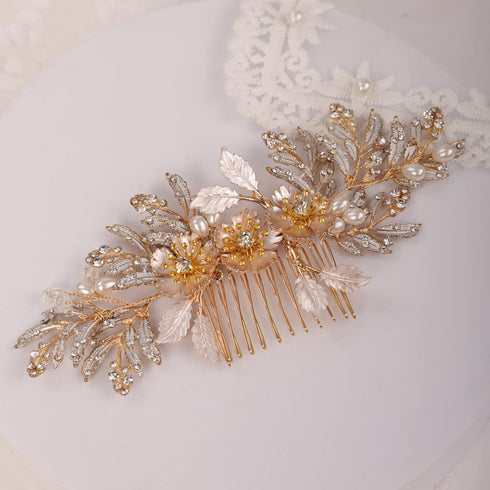 Missgrace Gold Bridal Hair Comb - Wedding Crystal Pearl Leaf Hair Clip and Rhinestone Hair Side Combs for Brides Women