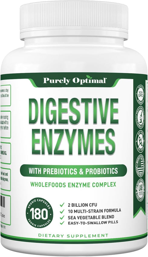 Purely Optimal Digestive Enzyme Supplement, Comprehensive Gut Health Support with 12 Enzymes, 180 Capsules