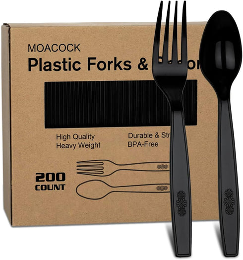 200 Count Plastic Silverware, Heavy Weight Disposable Forks Spoons, Cutlery Set for Parties