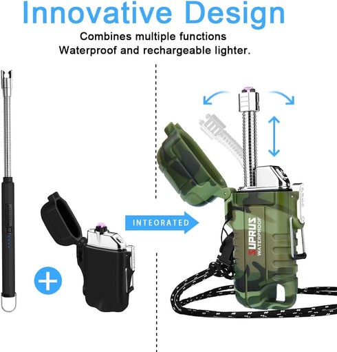 SUPRUS Waterproof Lighter - Windproof Arc Plasma Lighter, USB-C Rechargeable with Flexible Neck for Camping, Kitchen