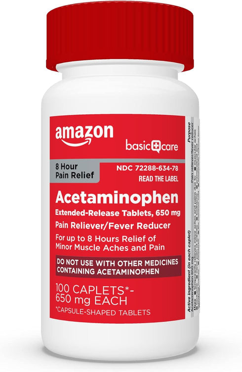 Amazon Basic Care Acetaminophen Extended-Release Tablets, 650 mg, 100 Count for Pain Relief