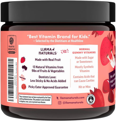 Llama Naturals Real Fruit Gummy Vitamins for Kids, Vegan Toddler Gummies, Organic, 90 ct (30-45 Days) Strawberry