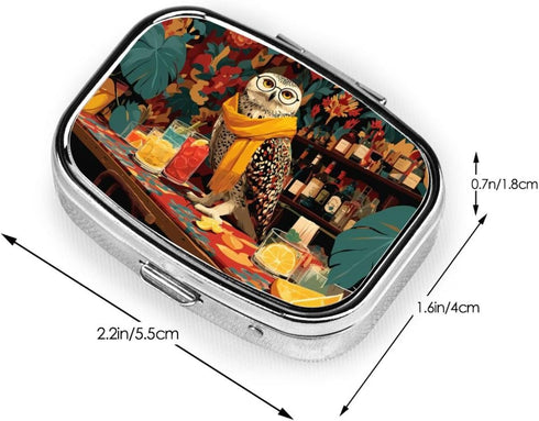 XBubupX 2 Owl Vintage Glasses Perched On A Bar Cart Pill Box Square Metal Pill Case with Compartment Travel Pill