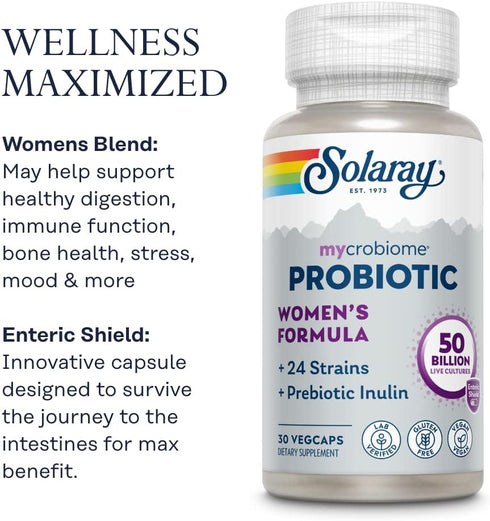 SOLARAY Mycrobiome Probiotic Women’s Formula, 50 Billion CFU, 24 Strains Plus Prebiotic Inulin, 30 Servings