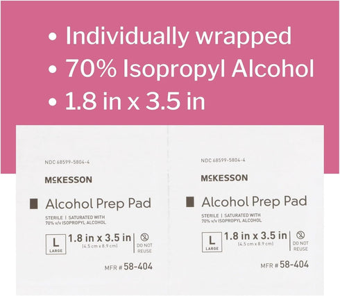 McKesson Alcohol Prep Pads, 70% Isopropyl, Pack of 100, Sterile Medical-Grade Wipes
