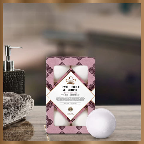 Nubian Heritage Bath Bombs, Patchouli and Buriti Uplifting Bath and Body Products, 1.6 oz, 6 Count (Pack of 1)