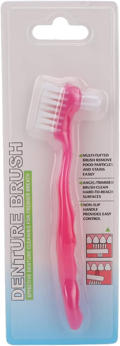 Double Sided Denture Cleaning Brush, Portable Plaque Removal Toothbrush for Home & Travel (Pink)