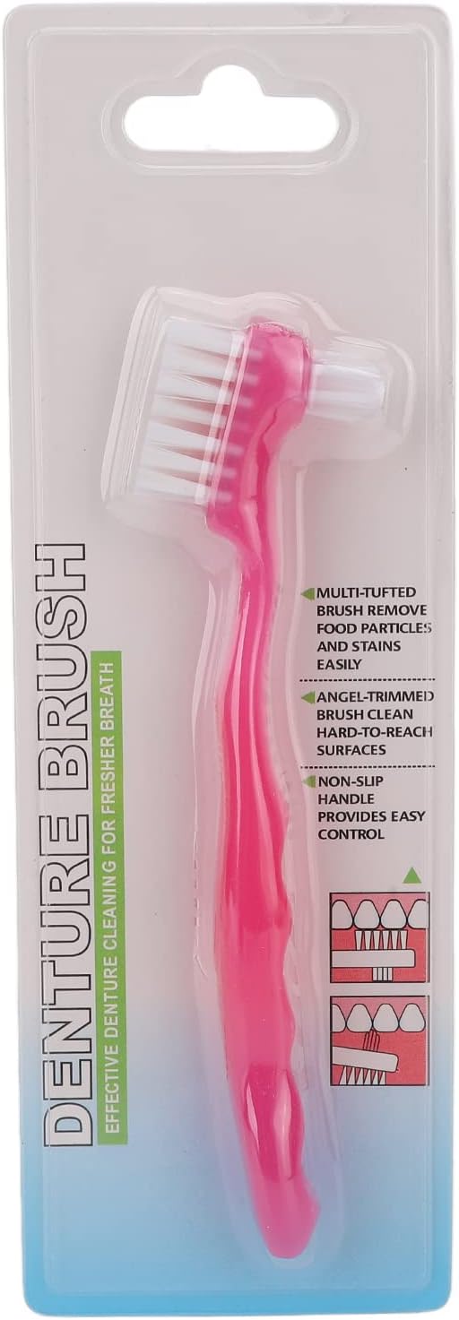 Double Sided Denture Cleaning Brush, Portable Plaque Removal Toothbrush for Home & Travel (Pink)