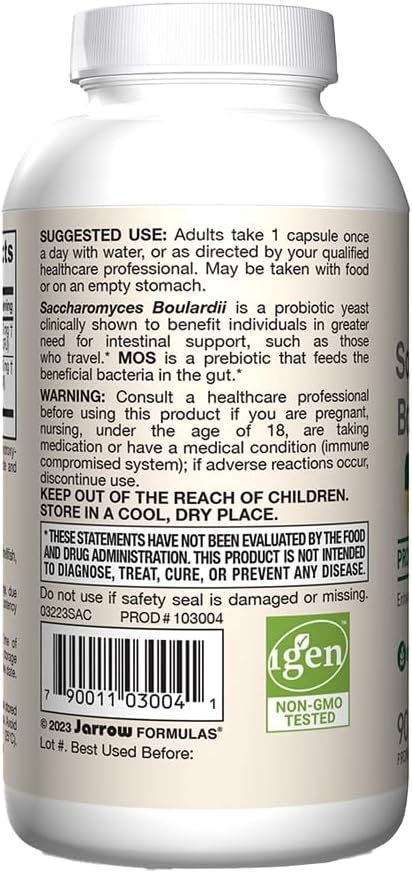 Jarrow Formulas Saccharomyces Boulardii Probiotics + MOS, 180 Veggie Capsules, 5 Billion CFU Probiotic Yeast for Gut