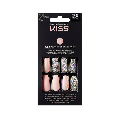 KISS Masterpiece Luxe Manicure, Premium Acrylic Fake Nails with Pink Gel Nail Glue, Mini Nail File