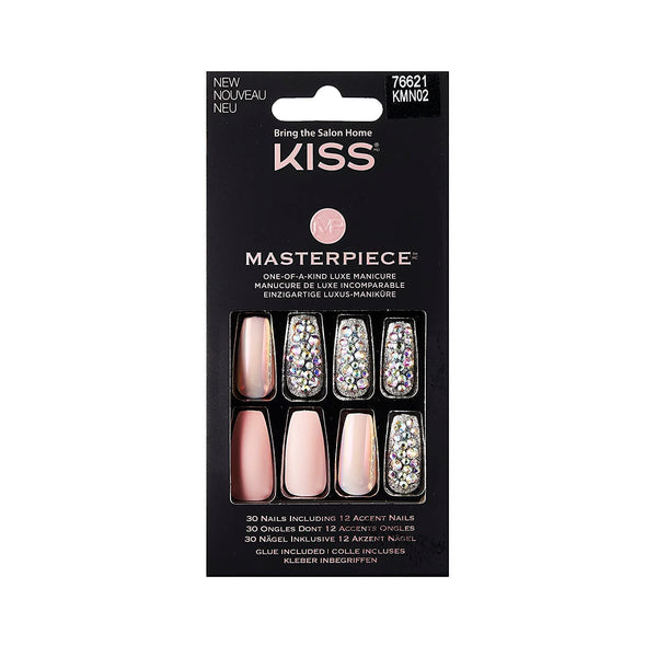 KISS Masterpiece Luxe Manicure, Premium Acrylic Fake Nails with Pink Gel Nail Glue, Mini Nail File