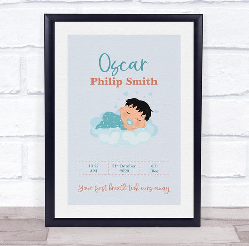 The Card Zoo New Baby Birth Details Christening Nursery Black Hair Boy Keepsake Gift Print