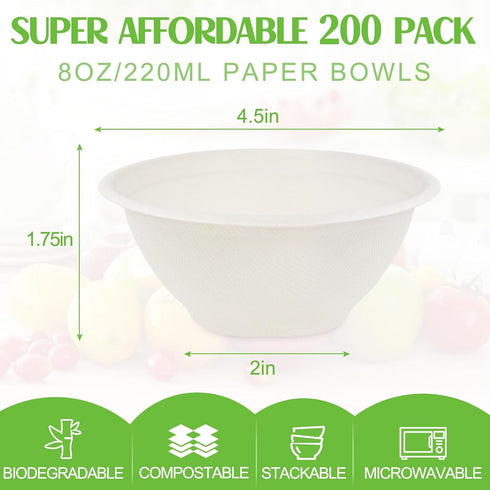200 Pack Small 8 OZ Paper Bowls, Disposable Compostable Bowls Set, Eco-friendly Natural Bagasse for Parties