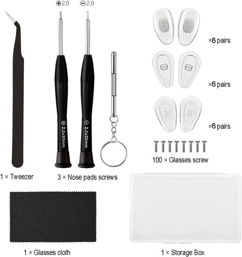18 Pairs Eyeglass Nose Pads - Eyeglasses Repair Kit with Screwdrivers, Tweezers, Cleaning Cloth for Glasses Replacement