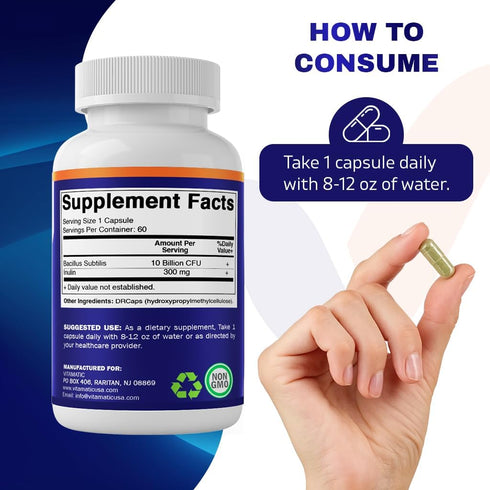 Vitamatic Bacillus Subtilis, 10 Billion per DR Capsule, 60 Count for Digestive and Immune Health