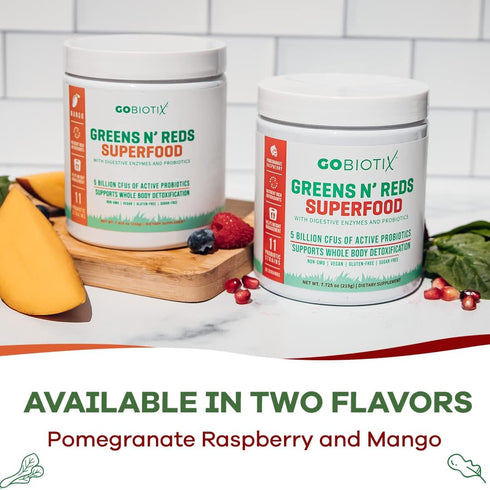 GOBIOTIX Super Greens and Reds Powder, Probiotic Supplement with Digestive Enzymes, Organic Whole Foods (Mango)