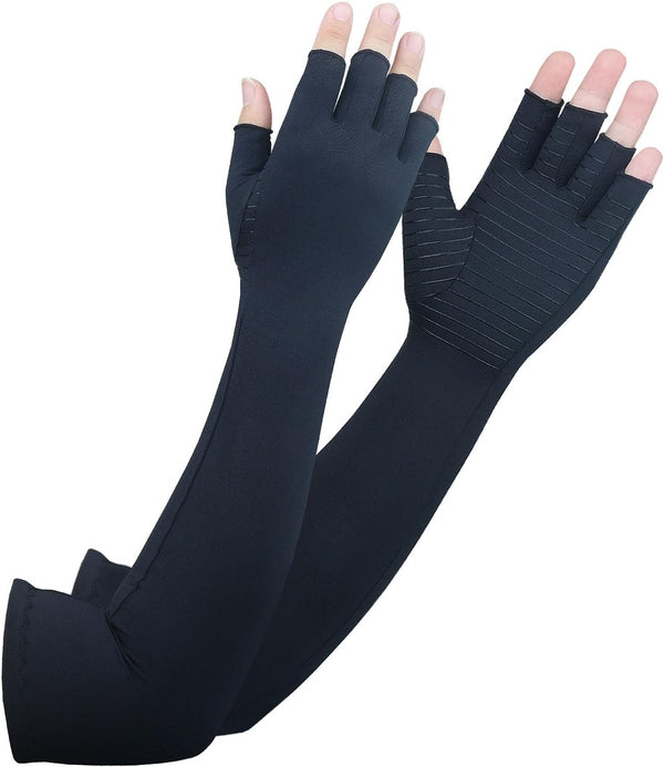 Long Arthritis Compression Gloves for Joint Pain Relief, Fingerless Support for Women and Men (Large)