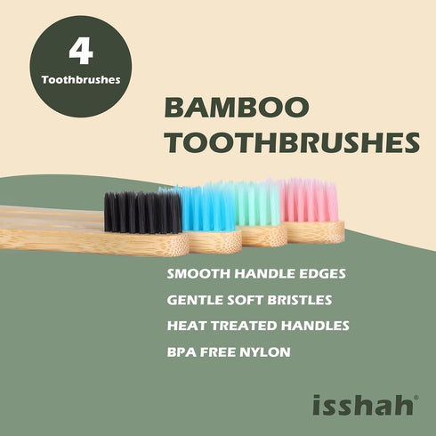 Pack 4 Isshah Kids Bamboo Toothbrushes Biodegradable Handle BPA Free Eco Friendly Children Size