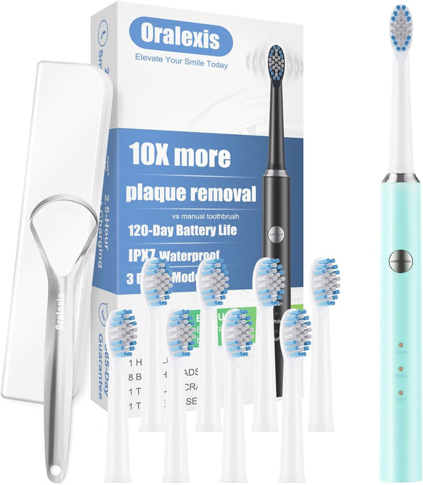Electric Toothbrush for Adults and Kids, Blue, with 8 Brush Heads, Tongue Scraper, 40000 VPM Deep Clean, 120 Days Charge