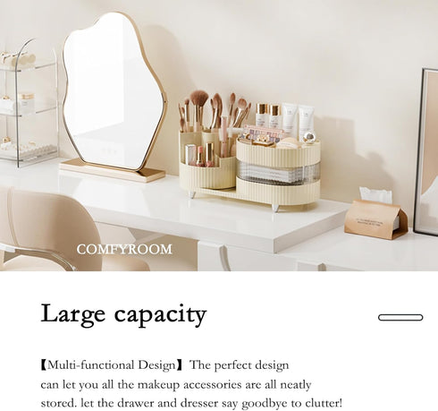 Rotating Makeup Organizer for Vanity - 3 Layer Storage with Brush Holder and Drawer for Cosmetics