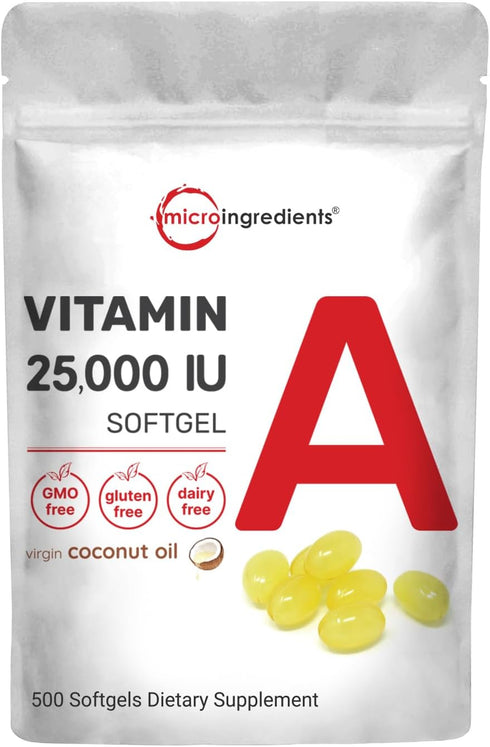 Micro Ingredients Maximum Strength Vitamin A - 25000 IU, 500 Softgels with Coconut Oil