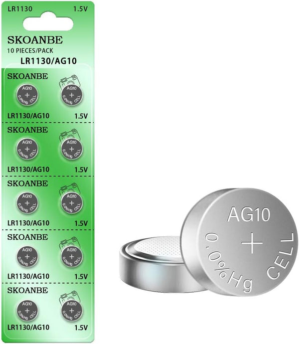 SKOANBE 10PCS LR1130 AG10 SG10 389 189 1.5V Button Coin Cell Battery
